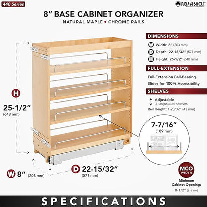 Rev-A-Shelf 8" Pullout Kitchen Cabinet Storage Organizer Slide Out Pantry Spice Rack with Adjustable Shelves for 8.5" W Cabinet Opening, 448-BC-8C
