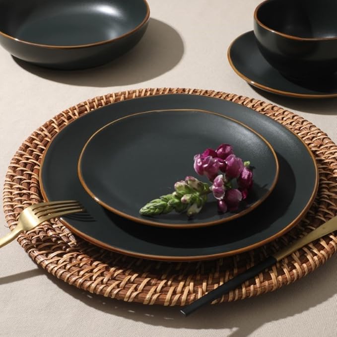 Gibson Home Hazeltine 16-Piece Black Stoneware Dinnerware Set – Plates and Bowls
