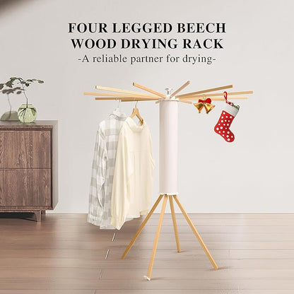 LEQ Drying Rack Portable,Foldable Drying Rack Clothing with 12 Wood Drying Arms, Standing Laundry Hanger Rack Round Collapsible & Portable Handle for Laundry Room, Balcony, Bedroom, RV