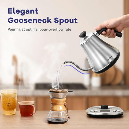 Mecity Electric Gooseneck Kettle With LCD Display Automatic Shut Off Retro Coffee Kettle Temperature Control Hot Water Boiler to Pour Over Tea, 1200 Watt Quick Heating Tea Pot, 0.8L, Stainless Steel