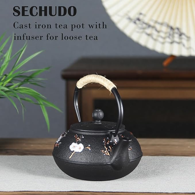 Cast Iron Teapot SECHUDO Teapot for Stovetop Safe Coated with Enameled Interior,Japanese Beautiful Tea Kettle with Stainless Steel Infuser for Loose Tea (30.4oz Plum Blossoms and Bird Pattern)