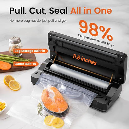 Vacuum Sealer for Food - 90kpa Vacuum Sealer Machine with Bags Storage and Built-in Cutter, Food Sealer with External Vac Function, Dry Moist Modes, Bag Roll included, Stainless Steel