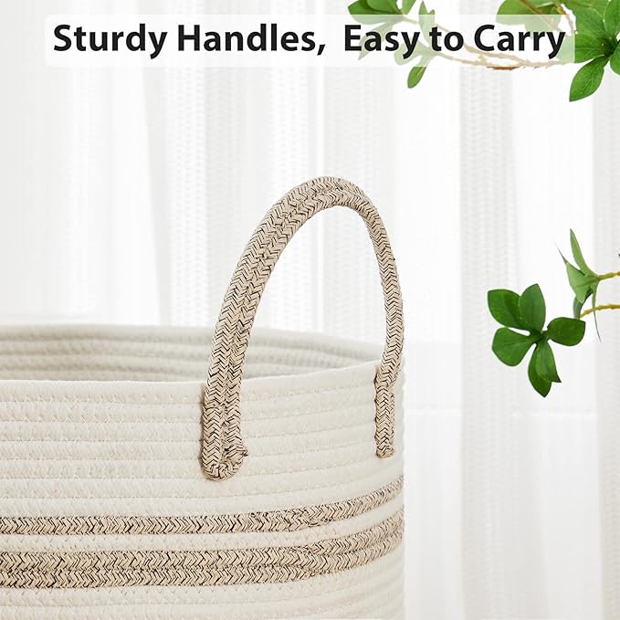 Fiona's magic 72L Large Woven Laundry Hamper, Tall Cotton Rope Storage Basket, Jute Baby Nursery Hamper for Blankets, Toys and Clothes in Bedroom and Living Room Organizing, Brown & White