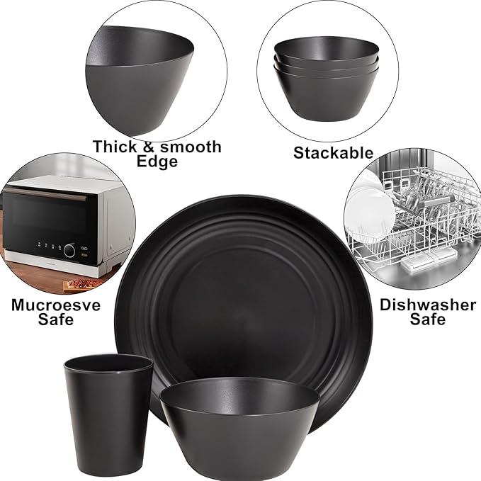LIYH 48 Pcs Black Wheat Straw Plates and Bowls Dinnerware Set Camping Dish Set for 12, Plastic Plates and Bowls, Dishwasher Safe Dinnerware Sets, Unbreakable Plastic Camper Dishes Sets