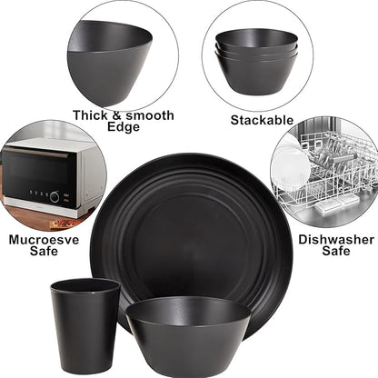 LIYH 48 Pcs Black Wheat Straw Plates and Bowls Dinnerware Set Camping Dish Set for 12, Plastic Plates and Bowls, Dishwasher Safe Dinnerware Sets, Unbreakable Plastic Camper Dishes Sets