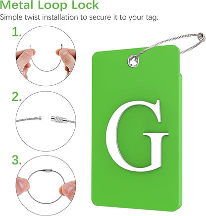 Gostwo 2 Pack Luggage Tags for Suitcases, 26 Initial Letter Travel Luggage Baggage Identification Labels ID Tag Fully Bendable Tags with Stainless Steel Loop (Green) (Letter G)