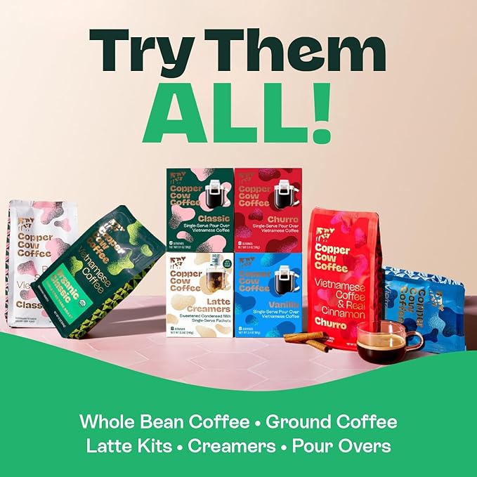 Copper Cow Coffee Pour Over Vietnamese Coffee Pouches + Sweetened Condensed Milk Creamers (8 Coffees & 8 Milk Creamers) | Vanilla Lattes, No Refrigeration Needed, Travel Friendly Ground Coffee