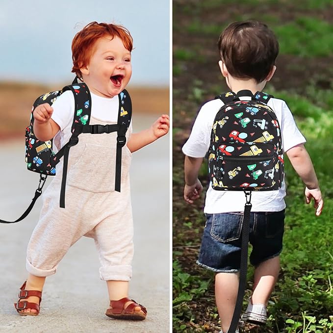 Accmor Toddler Harness Backpack Leash, Cute Excavator Kids Backpack with Anti Lost Wrist Link for Outdoor Walking, Mini Black Child Backpack Wristband Tether Leashes for Boys Girls Aged 1-3 Years Old