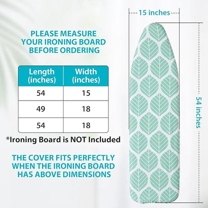 Seiritex Ironing Board Cover and Pad, Standard Size 15 x 54, Thick Padding with Elasticized Edges, Heat Reflective with Hook and Loop Fasteners, 3 Layers Iron Board Cover (Green Leaf)