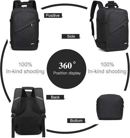 Kono Carry on Backpack, 16" Airplane Approved Under Seat Travel Backpack for Men and Women, Waterproof Lightweight Daypack for Flight 20L (Black, Small)