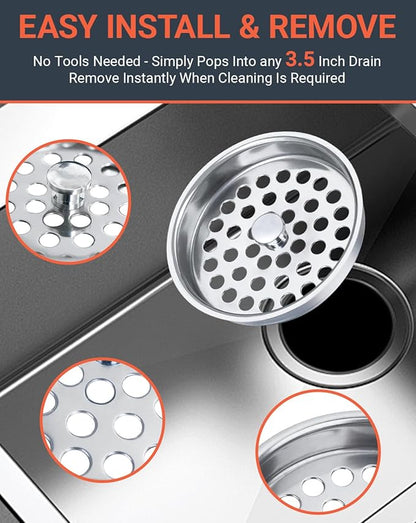 3-1/2 Inch Commercial Sink Strainer - 304 Stainless Steel Clog-Free Drain Cover, Precision Fit for 3.5" Drains & 3 Compartment Sinks, Heavy-Duty for High-Volume Kitchens