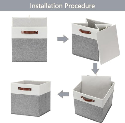 HNZIGE Set of 4, Foldable Storage Cube Bin Baskets, Fabric 11x11 Cube Storage Bins for Storage with Handles, Shelf Bins for Cube Home Toy Nursery Closet(White Gray)