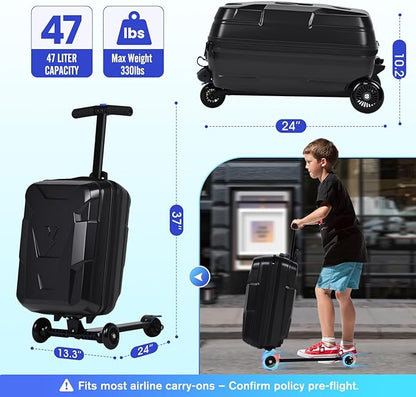 smilesun Scooter Suitcase for Kids & Adults, Foldable Carry On Travel Luggage, Hardside Ride on Scooter Suitcase with LED Light up Wheels，Black