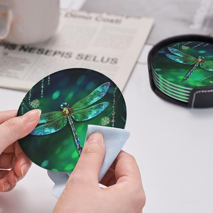 6 Pcs Fantasy Spring Dragonfly Leather Coasters