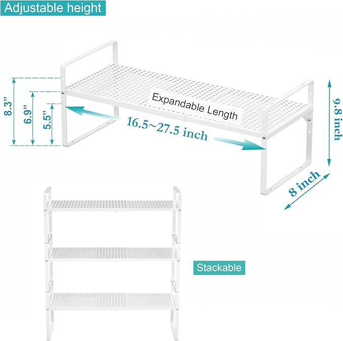 iPEGTOP Expandable Cabinet Storage Shelf Organizer Rack, Heavy Duty Stackable Steel Metal Spice Rack Adjustable Height Pantry Garage Shelf for Counter Kitchen Organization, White - 1 Pack
