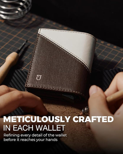 Jenoss Smart Wallet For Men: Full Grain Leather, Handcrafted, Slide Metal Pop Up Case, Slim RFID Blocking Credit Card Holder, Compact 12 Cards Slot Organizers, ID, Money Clip (Brown & Cream)