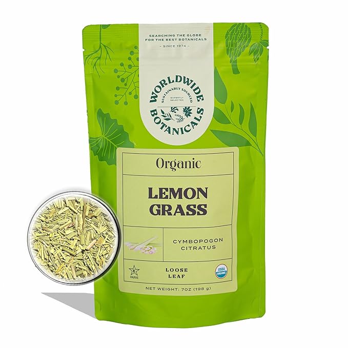 Worldwide Botanicals Organic Lemon Grass Leaves – 7oz - Loose Leaf - Cut and Sifted – 100% pure Cymbopogon citratus - Zacate de limon - Resealable Bag for Freshness - Perfect for Cooking and Tea
