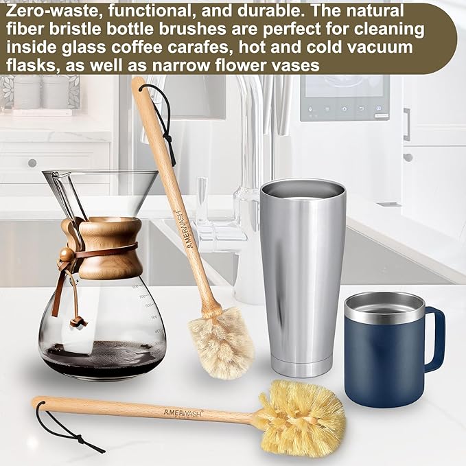 Bottle Brushes with Natural Bristles, 13-3/4 Inch Long Wood Handle Bottle Brush Cleans and Scrubs Wide Mouth Jars, Glasses, Vases, Mugs and Pitchers, Sisal + Horsehair Bristles 2 Pack