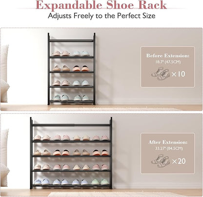 Bumusty 5-Tier Expandable Shoe Rack for Closet, 18“-33” Adjustable Shoe Rack for Small Space, Small Shoe Organizer for Front Door, Sturdy Metal (Black)