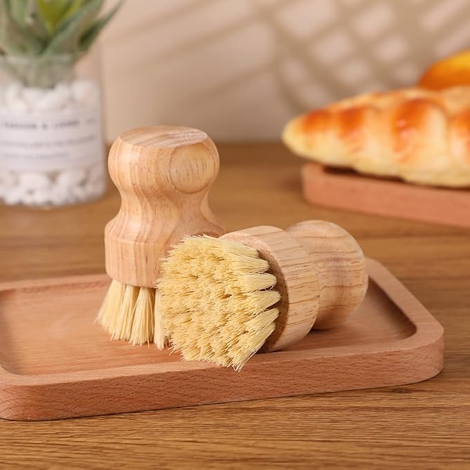 Nuenen 6 Packs Bamboo Dish Scrub Brushes Wooden Scrubbers Set Kitchen Dishwashing Scrubber with Natural Sisal Bristles for Iron Pot Pan Sink