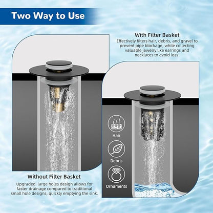 Hibbent 3 Pack 3 in 1 Bathroom Sink Drain Strainer, Universal Pop Up Stopper, Removable Stainless Steel Filter Basket Hair Catcher, Sink Plug for 1.1''~2.36'' Basin, Brass Bullet Core, Matte Black