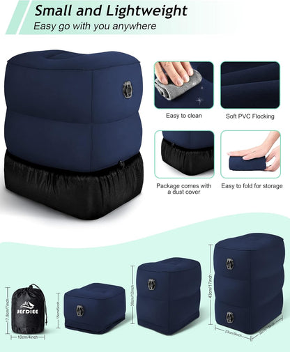 JefDiee Inflatable Travel Foot Rest Pillow, Kids Airplane Bed, Adjustable 3 Layers Height Leg Rest Pillow, Adults Travel Essentials Great for Airplane, Office, Home, Trains, Cars (Blue)