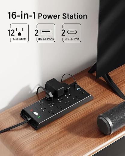Surge Protector Power Strip 4800J, LeZone 10Ft Long Extension Cord Flat Plug, 12 Outlets 2 USB C 2 USB Ports, Wall Mountable, 20W Desk Charging Station, Black