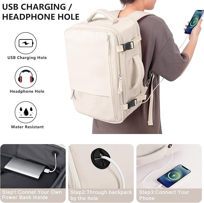 Travel Backpack for Women, Large Carry On Backpack for Travel, Waterproof Backpack Personal Item, Backpack for Women, laptop backpack 17.3 inch, College Bag Casual Daypack, Beige
