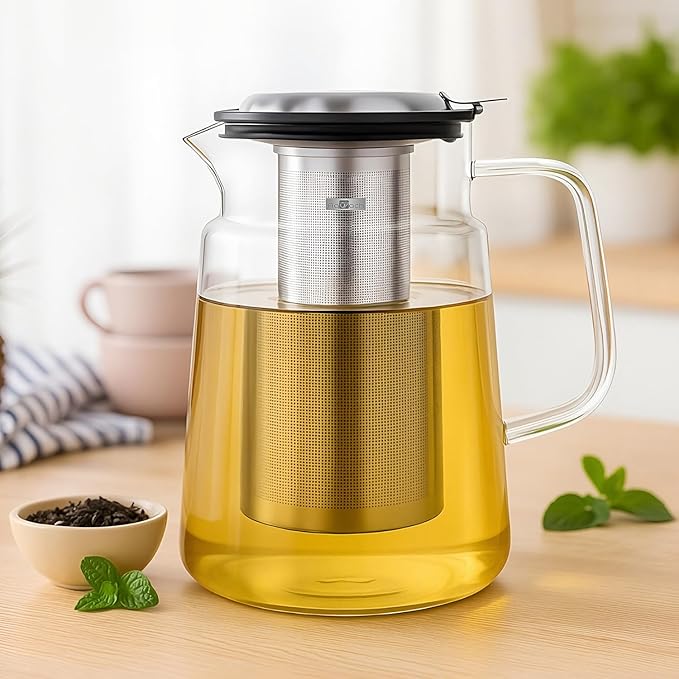 Aquach Glass Teapot with Removable Infuser - 74oz Borosilicate Tea Pot for Stovetop & Cold Brew, Stainless Steel Filter for Loose Leaf/Iced Tea