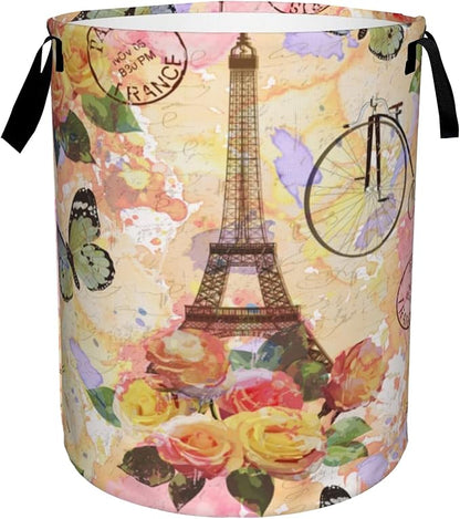Eiffel Tower Collapsible Laundry Basket,Vintage Rose Butterfly Bedroom Waterproof Laundry Hamper,Bathroom Large Storage Bag,College Dormitory Living Room Nursery Organizer Toy Bin 16" x 20"