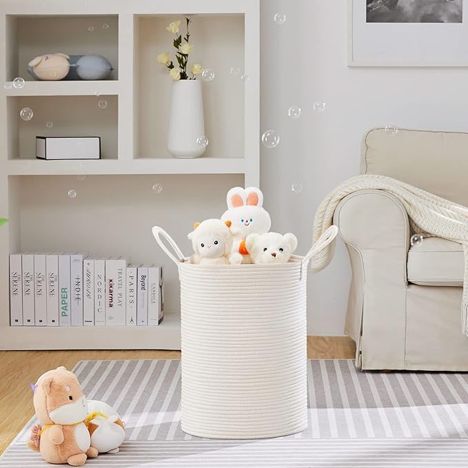 VIPOSCO Large Laundry Hamper, Tall Woven Rope Storage Basket for Blanket, Toys, Dirty Clothes in Living Room, Bathroom, Bedroom - 58L White