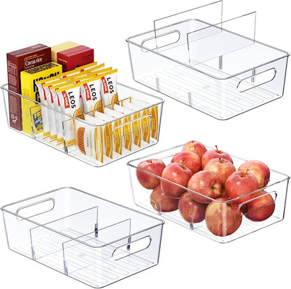 Pantry Organizers and Storage, 4 Pack Snack Organizer for Pantry Shelf,Food Storage Bins with Divider,Clear Containers for Organizing,Transparent Plastic Basket,Refrigerator and Fridge Bins