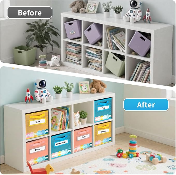 Cube Storage Bins, 3 Pack 11 Inch Fabric Storage Bins with Handle and Label Window, Foldable Storage Cubes, Colorful Fabric Bins for Kids Room, Classroom Organization and Storage, Clothes, Toys