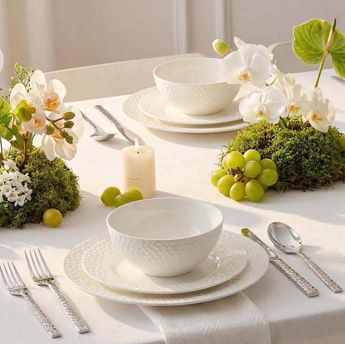 18Pcs Hammered Rim White Bone China Set, Service