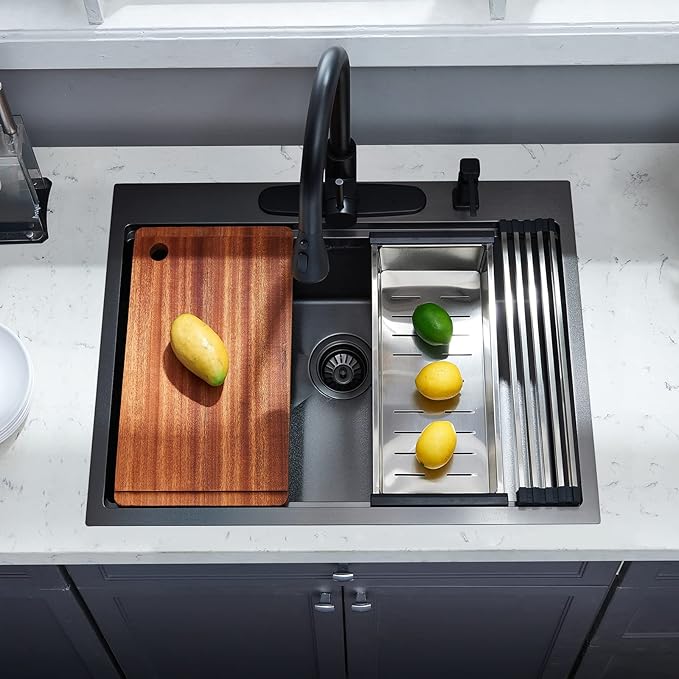 25 Kitchen Sink Drop-In Workstation, 25 x 22 Inch Gunmetal Black Stainless Steel Workstation Sink Topmount Single Bowl with Cutting Board,for Kitchen, Laundry, Utility Room