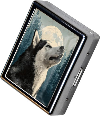 8‑Compartment Metal Pill Box Organizer – Portable Medicine Case 3″×2.6″ | Food‑Grade Dividers | Secure Snap Button Lid | Travel & Gift for Seniors (Howling at The Moon)
