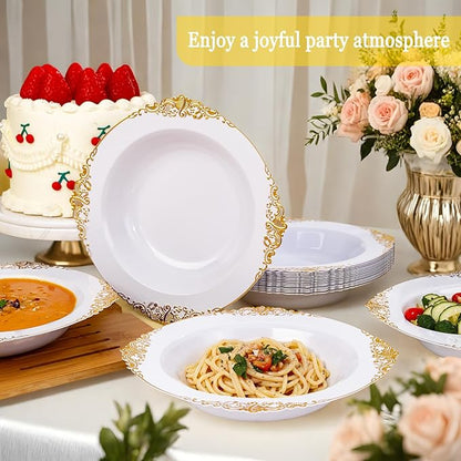 100PCS Gold Plastic Bowls - 12 oz White Disposable Salad Bowls - Heavy Duty Soup Serving Bowl - Fancy Plastic Ice Cream Bowl for Christmas,Thanksgiving Parties, Dinners, Catering, Picnics