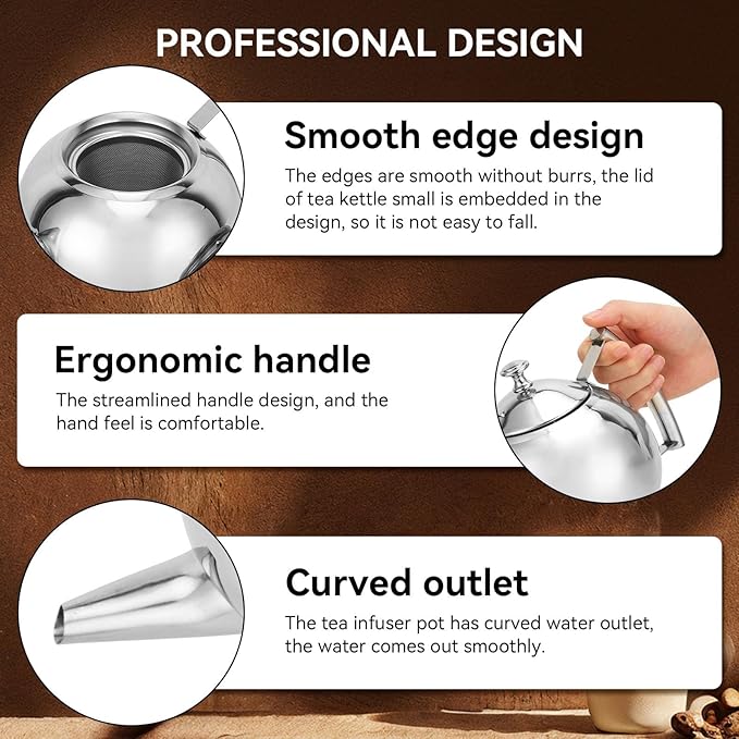 Stainless Steel Tea Pot with Infuser, Tea Pot with Removable Infuser For Loose Leaf and Tea Bags Metal Tea Kettle with Filter Stovetop Tea Maker Brewing Loose Leaves and Tea Bags (1.5L)