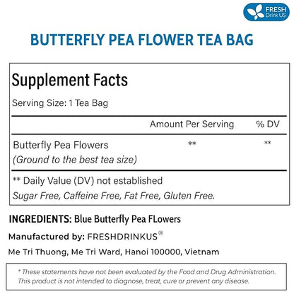 FreshDrinkUS, Premium 55 Tea Bags Blue Butterfly Pea Flowers, 100% Natural and Pure from Butterfly Pea Flowers, Made With Natural Material Tea Bag, No Sugar, No Caffeine, No Gluten, Vegan