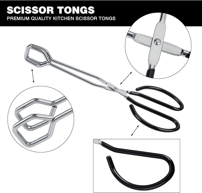 MSY BIGSUNNY Stainless Steel Scissor Tongs Heavy Duty Cooking Tongs with Soft Handles (2, black 10" + 10")