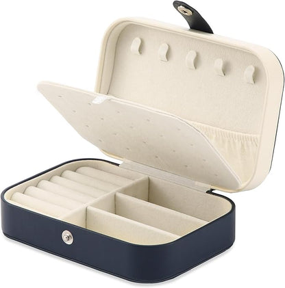 Travel Jewelry Box, PU leather Small Jewelry Organizer For Female Girls, double layer portable mini travel case for storing earrings, rings, necklaces.(dark blue)