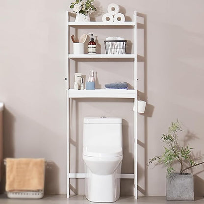 VEVOR Over The Toilet Storage, 3-Tier Adjustable Over Toilet Bathroom Organizer, Bamboo Storage Shelf Rack with 3 Hooks, Freestanding Easy Assembly Laundry Space Saver, Fit Most Toilets, White