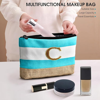Becokan Beach Bag Initial Beach Tote with Makeup Bag for Travel Work Storage Personalized Birthday Gifts for Women Her