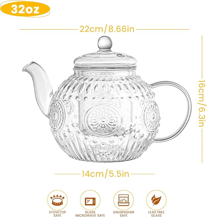 Bandesun Vintage Glass Teapot, Tea Kettle with Removable Infuser 32OZ/1000ml, Borosilicate Glass Pot -Stovetop Safe, Blooming & Loose Leaf Tea Maker Set