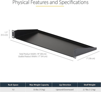 StarTech.com 1U Server Rack Shelf, Universal Rack Mount Cantilever Tray for 19" Network Equipment Cabinet, Heavy Duty Steel