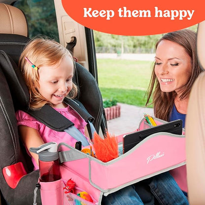 PILLANI Kids Travel Tray for Car - Car Seat Tray for Kids Travel, Road Trip Essentials, Carseat Table for Roadtrip Activities - Must Have Toddler Lap Desk Organizer for Airplane - Car Accessories
