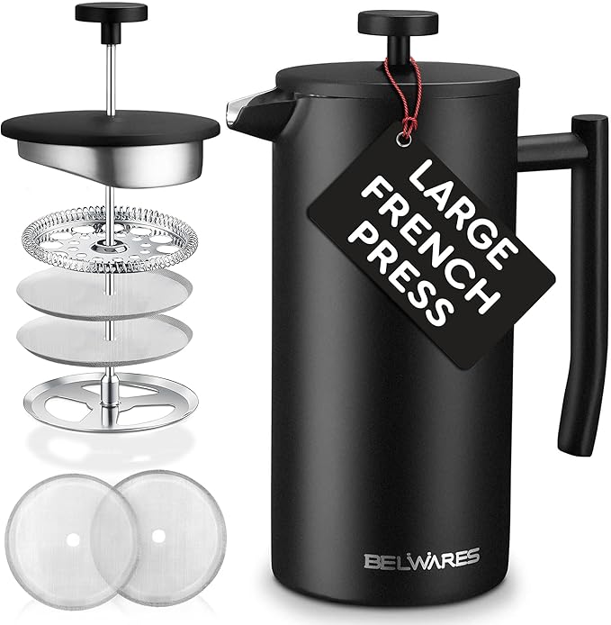 Belwares French Press Coffee Maker 50 OZ - Large Insulated Stainless Steel 304 Coffee Press with Double Wall & 4-Level Filtration System (Black - 1.5L)