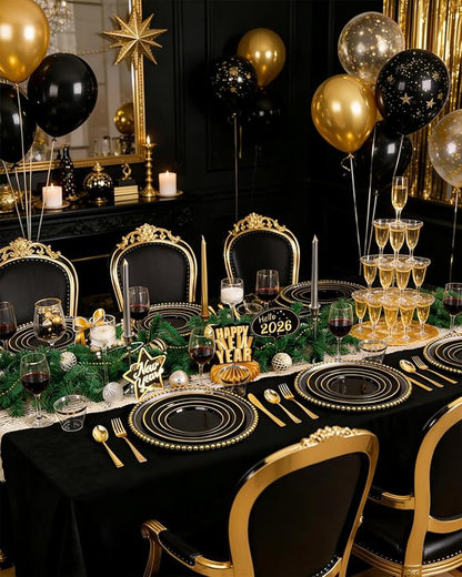 bUCLA 300PCS Black and Gold Disposable Dinnerware Set - 50 Guests Black Plastic Plates with Gold Rim Include 50 Dinner / 50 Dessert Plates, 50 Forks,50 Knives,50 Spoons&50 Cups for Party&New Year