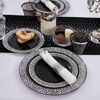 NOCCUR 210PCS Black and Silver Dinnerware Set for 30 Guests - Black Plastic Plates with Silver Rim Include 30 Dinner / 30 Dessert Plates, 30 Prewrapped Silverware, 30 Cups Ideal for Party/New Year