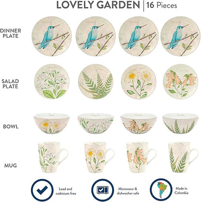 Corona 16–piece Birds Nature Garden Inspired Ceramic Dinnerware Sets | Plates Bowls and Mugs | Service For 4 | Lovely Garden